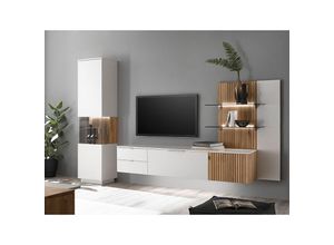 4066075126607 - Wohnzimmer Wohnwand LUCERA-52 weiß Eiche massiv bianco geölt 3-teilig led Beleuchtung - weiß