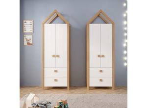 4066075129103 - Lomadox - Kleiderschrank 2er Set Kiefer teilmassiv weiß Birke BARI-78 - weiß