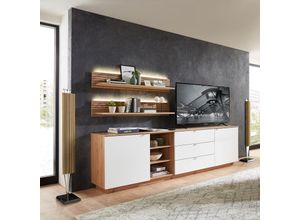 4066075140023 - Lomadox - tv Sideboard Set mit Wandregalen Fernsehschrank Eiche mit weiß Breite 240 cm CUST-36 inkl led Beleuchtung - weiß