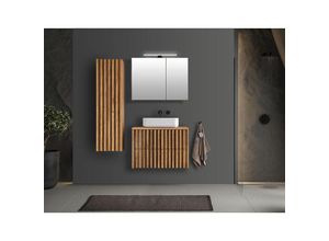 4066075142225 - Lomadox - Badmöbel Set modern 3-teilig Eiche Desio-107 led Spiegelschrank Keramik Waschbecken - braun