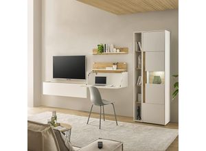 4066075142720 - Wohnwand weiß mit Eiche CRISP-61 modern 5-teilig mit Homeoffice-Lösung - weiß