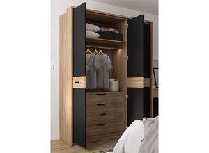 4066075144182 - Lomadox - Kleiderschrank mit Schubkasteneinsatz inkl Beleuchtung Eiche mit schwarz matt MANAGUA-129 - braun