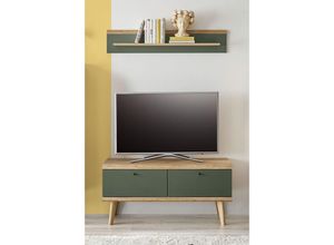 4066075159612 - Wohnzimmer TV-Lowboard inkl Wandboard in Eiche mit grün AVEZZANO-61 Modern 2-teilig