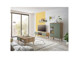 4066075159841 - TV Wand in Eiche mit grün AVEZZANO-61 Modern 4-teilig inkl Couchtisch und Beleuchtung - grün