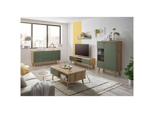 4066075159865 - Wohnzimmer komplett Set in Eiche mit grün AVEZZANO-61 Modern 5-teilig inkl Beleuchtung - grün