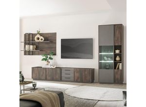 4066075168331 - Wohnwand Eiche mit anthrazit LAFAYETE-61 Modern 3-teilig mit Beleuchtung - braun