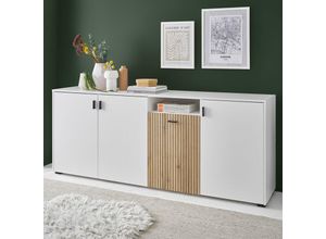 4066075168485 - Sideboard 200 cm breit weiß matt mit Eiche gerillt HUNTER-61 - weiß