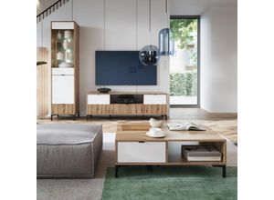 4066075169604 - Wohnwand Set Eiche mit weiß und Rillen Design modern RISBY-129 3-teilig mit Couchtisch und Beleuchtung - braun