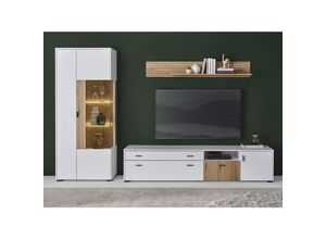 4066075172284 - TV-Wand mit Vitrinenschrank weiß matt Eiche gerillt HUNTER-61 3-teilig - weiß