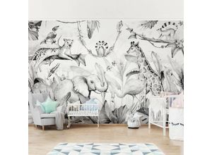 4066332594088 - Micasia - Fototapete - Aquarell Afrika Tiere Schwarz Weiß Größe HxB 240cm x 240cm Material Vlies Smart