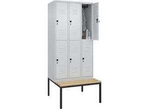 4066681748965 - Doppelstock-Spind Classic PLUS Sitzbank 3 Abteile lichtgrau B 900 mm Sicherheits-Drehriegel untergebaut Buche-Hartholz C+P