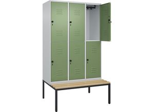 4066681749238 - Doppelstock-Spind Classic PLUS Sitzbank 3 Abteile lichtgrau   resedagrün B 1200 mm Sicherheits-Drehriegel untergebaut Buche-Hartholz C+P