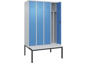 4066681793644 - Schwarz-Weiß-Spind Classic PLUS Sitzbank schmal 4 Abteile Trennwand verkürzt lichtgrau   lichtblau B 1200 mm Zylinderschloss untergebaut Kunststoff C+P