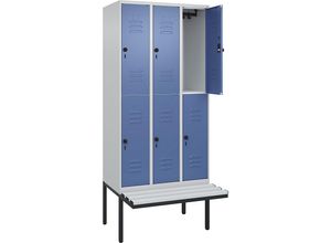 4066681800854 - Doppelstock-Spind Classic PLUS Sitzbank 3 Abteile lichtgrau   fernblau B 900 mm Sicherheits-Drehriegel auskragend Kunststoff C+P