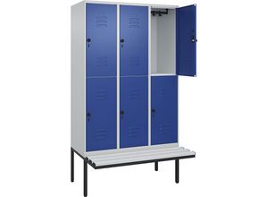 4066681801882 - Doppelstock-Spind Classic PLUS Sitzbank 3 Abteile lichtgrau   enzianblau B 1200 mm Sicherheits-Drehriegel auskragend Kunststoff C+P