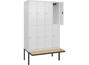 4066681802896 - Doppelstock-Spind Classic PLUS Sitzbank 4 Abteile verkehrsweiß B 1200 mm Zylinderschloss auskragend Buche-Hartholz C+P