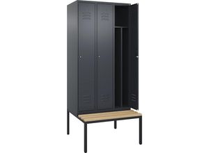 4066681819412 - Schwarz-Weiß-Spind Classic PLUS Sitzbank schmal 3 Abteile Trennwand verkürzt grau B 900 mm Zylinderschloss untergebaut Buche-Hartholz C+P