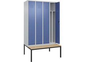 4066681819627 - Schwarz-Weiß-Spind Classic PLUS Sitzbank schmal 4 Abteile Trennwand verkürzt lichtgrau   fernblau B 1200 mm Zylinderschloss untergebaut Buche-Hartholz C+P