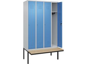 4066681827356 - Spind Classic PLUS Sitzbank 4 Abteile lichtgrau   lichtblau B 1200 mm Zylinderschloss auskragend Buche-Hartholz C+P