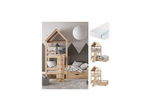 4066731052394 - VitaliSpa Spielturmbett Kinderbett Spielbett Teddy Natur modern 208x235 cm Massivholz Kinderzimmer Lattenrost Bett Schublade Matratze Abenteuerbett Kletterbett