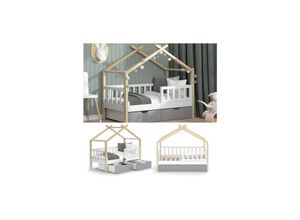 4066731126781 - VitaliSpa Kinderbett Hausbett Einzelbett Design Weiß Grau Natur modern 70x140 cm Kinderzimmer Bett Massivholz Lattenrost Schublade Rausfallschutz Schubladenbett