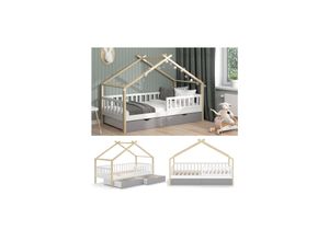 4066731126828 - VitaliSpa Kinderbett Hausbett Einzelbett Design Weiß Grau Natur modern 90x200 cm Kinderzimmer Bett Massivholz Lattenrost Schublade Rausfallschutz Schubladenbett