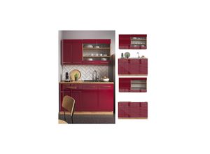 4066731165278 - Küchenzeile Küchenblock Einbauküche Fame-Line Single Eiche Rot Bordeaux 140 cm modern Küchen Schränke Spülenunterschrank Schubunterschrank Hängeschrank Hängeglasschrank Hochglanz