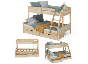 4066731227327 - VitaliSpa Hochbett Kinderbett Spielbett Everest Natur modern 120x200 Massivholz Kinderzimmer Bett Lattenrost Bettleiter Kletterbett Doppelbett Geschwisterbett Bettschublade Rollschublade Matratze