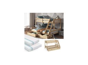 4066731227334 - Hochbett Kinderbett Spielbett Everest Natur modern 140x200 Massivholz Kinderzimmer Bett Lattenrost Bettleiter Kletterbett Doppelbett Geschwisterbett Bettschublade Rollschublade Matratze