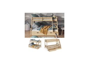 4066731227365 - Hochbett Kinderbett Spielbett Everest Natur modern 120x200 Massivholz Kinderzimmer Bett Lattenrost Bettleiter Kletterbett Doppelbett Geschwisterbett Bettschublade Rollschublade