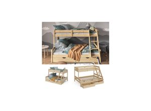 4066731227372 - Hochbett Kinderbett Spielbett Everest Natur modern 140x200 Massivholz Kinderzimmer Bett Lattenrost Bettleiter Kletterbett Doppelbett Geschwisterbett Bettschublade Rollschublade