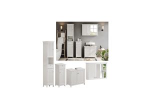 4066731271900 - Badmöbel-Set Riad Weiß Badezimmer moderne Badserie Lamellen-Front Waschtischunterschrank Spiegelschrank Midischrank Hochschrank