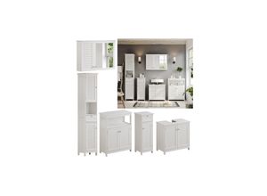 4066731271917 - Badmöbel-Set Riad Weiß Badezimmer moderne Badserie Lamellen-Front Waschtischunterschrank Spiegelschrank Midischrank Hochschrank Sideboard