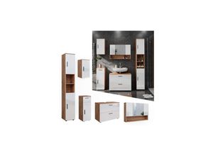 4066731273263 - Badmöbelset Irma Eiche Weiß Hochglanz modern 80 cm 30 cm Badezimmerschrank Badschrank Badezimmermöbel Waschtischunterschrank Spiegelschrank Hochschrank Midischrank Hängeschrank Tür Schublade