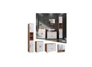 4066731273331 - Badmöbelset Irma Eiche Weiß Hochglanz modern Badezimmerschrank Badschrank Badezimmermöbel Waschtischunterschrank Spiegelschrank Kommode Hochschrank Schrankschublade Schranktür Schrankfach