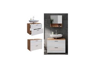 4066731273515 - Waschtischunterschrank Waschbeckenunterschrank Irma Eiche Weiß Hochglanz modern 80x59 cm Badezimmer Schrank Badschrank Badkommode Badmöbel 2 Schubladen