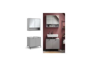 4066731326303 - Badmöbel-Set Eliza Grau Badezimmer moderne Badserie extravagante Fronten Waschtischunterschrank Spiegelschrank