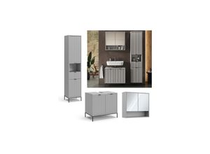 4066731326327 - Badmöbel-Set Eliza Grau Badezimmer moderne Badserie extravagante Fronten Waschtischunterschrank Spiegelschrank Hochschrank