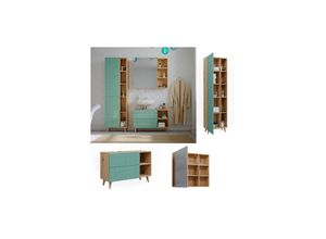 4066731330041 - Badmöbel-Set Rudi in Eiche Evoke Mintgrün Badezimmer moderne Badserie Waschbeckenunterschrank Spiegelschrank Hochschrank