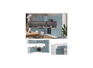 4066731345595 - Eckküche R-Line Solid Weiß Blau Grau 287x227 cm Arbeitsplatte modern Küchenschränke Küchenmöbel