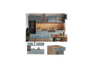 4066731345755 - Küchenzeile R-Line Solid Eiche Blau Grau 300 cm modern Küchenschränke Küchenmöbel
