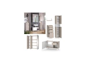 4066731347889 - Badmöbel-Set Arianna Greige Weiß modernes Design Badezimmer Spiegelschrank Waschtischunterschrank Wandregal Midischrank Hochschrank