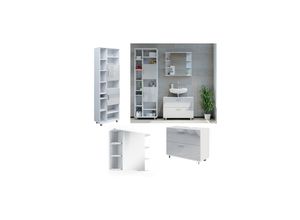 4066731352999 - Badmöbel-Set Ilias Weiß Hochglanz modern Waschtischunterschrank Spiegelschrank Hochschrank