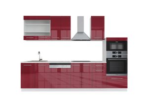 4066731375264 - Küchenzeile Fame-Line Bordeaux Hochglanz Weiß 300 cm mit Hochschrank AP Eiche Vicco