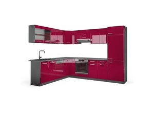 4066731378821 - Eckküche R-Line Bordeaux Hochglanz Anthrazit 227 x 287 cm  AP Eiche Vicco