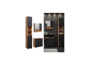 4066731401147 - Badmöbel-Set Irma Eiche Anthrazit 3-teilig Hochschrank Waschbeckenschrank 60 cm