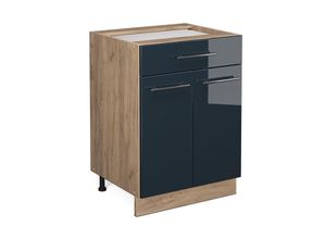 4066731406890 - Schubunterschrank Fame-Line Eiche Dunkelblau Hochglanz 60 cm mit Arbeitsplatte Weiß-Marmor