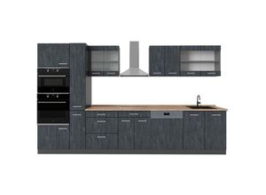 4066731411788 - Küchenzeile R-Line 350 cm Schwarz Beton Anthrazit mit Arbeitsplatte Eiche