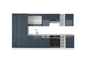 4066731411924 - Küchenzeile Fame-Line Weiß Dunkelblau Hochglanz 355 cm mit Arbeitsplatte Eiche