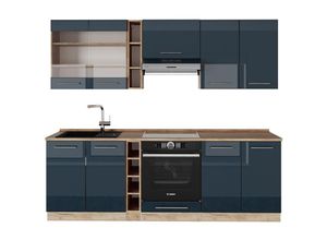 4066731414772 - Küchenzeile Fame-Line Eiche Dunkelblau Hochglanz 235 cm mit Arbeitsplatte Weiß-Marmor